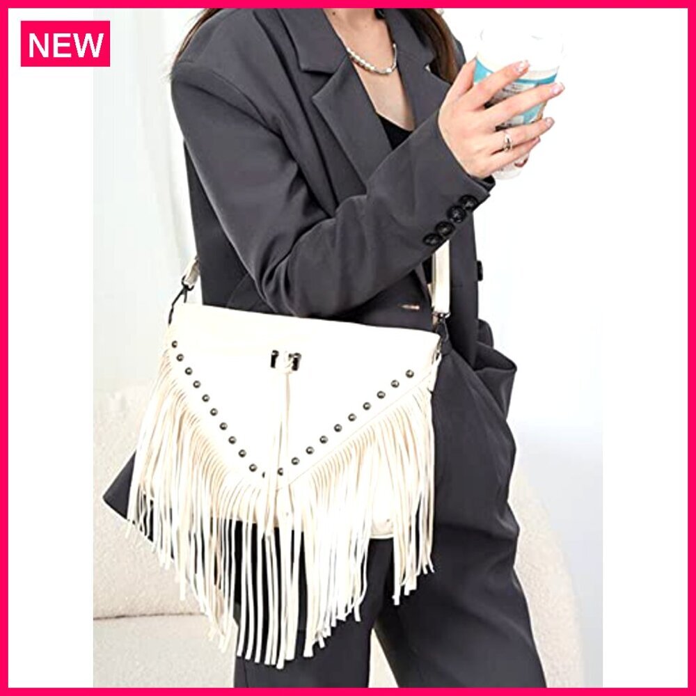 Large Leather Fringe Messenger Hobo Crossbody Bag with Tassel - Picture 3 of 8